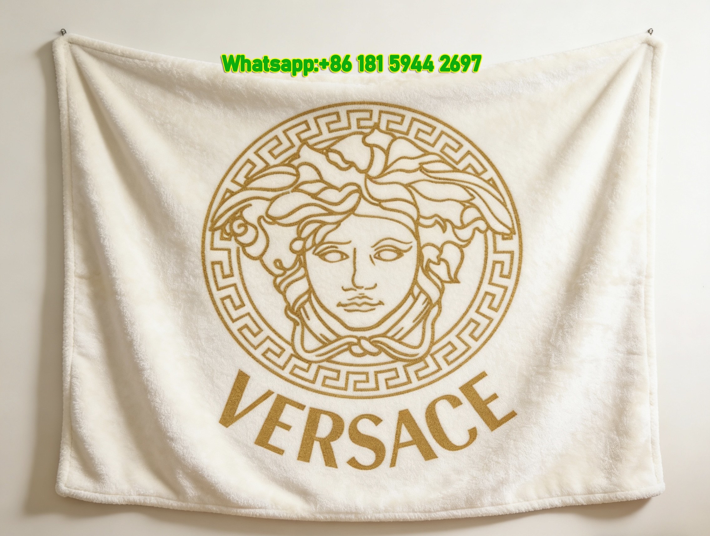Versace White Gold Medusa Greek Key Logo Printed Flannel Throw Blanket IMG_1283